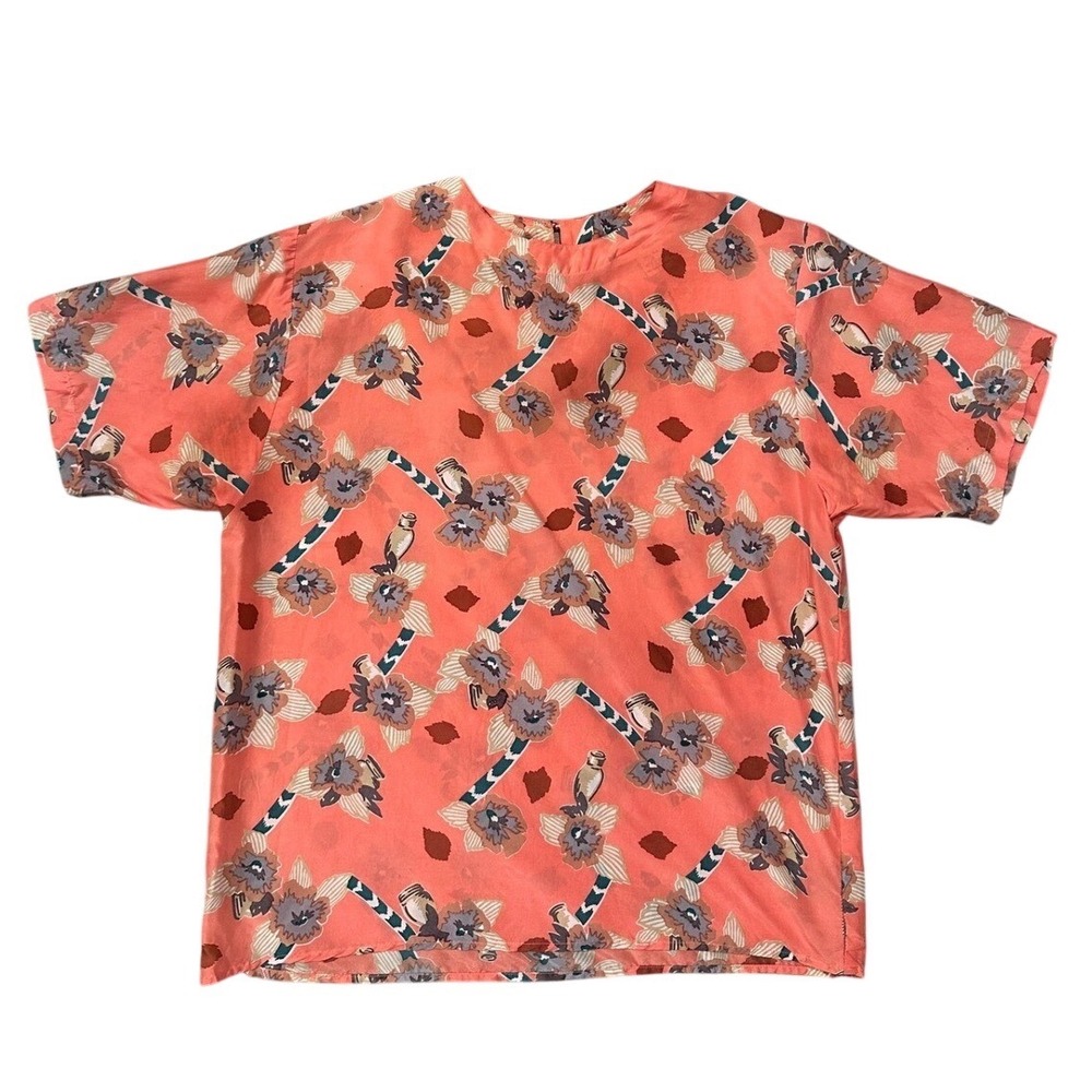 Oscar de la Renta vintsgeExpressions Coral Floral Bird Print Silk Top Women's S